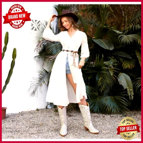 Pearl Embellished Knee High Cowboy Boots Chunky Heel Western Embroidery Pull On - Picture 2 of 7